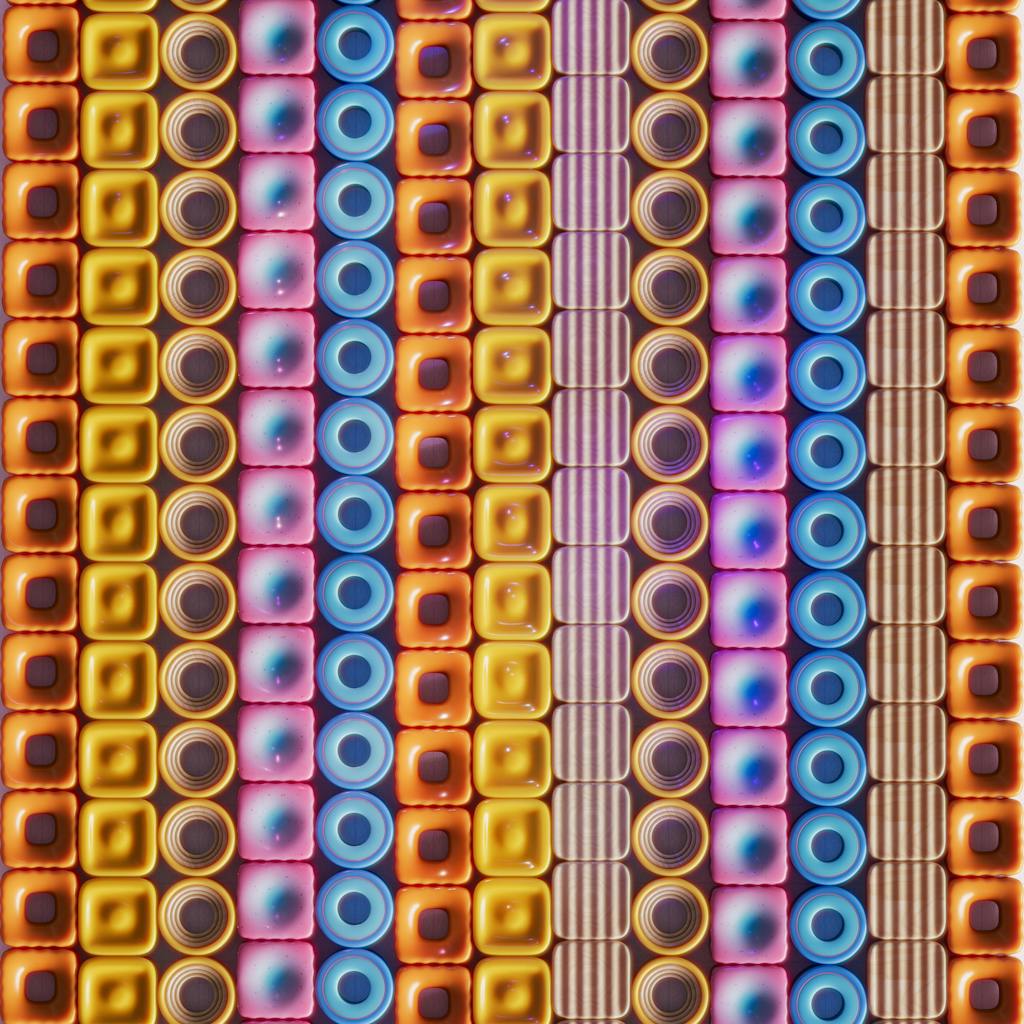 Vibrant abstract design featuring 3D rendered geometric shapes in various colors and textures.